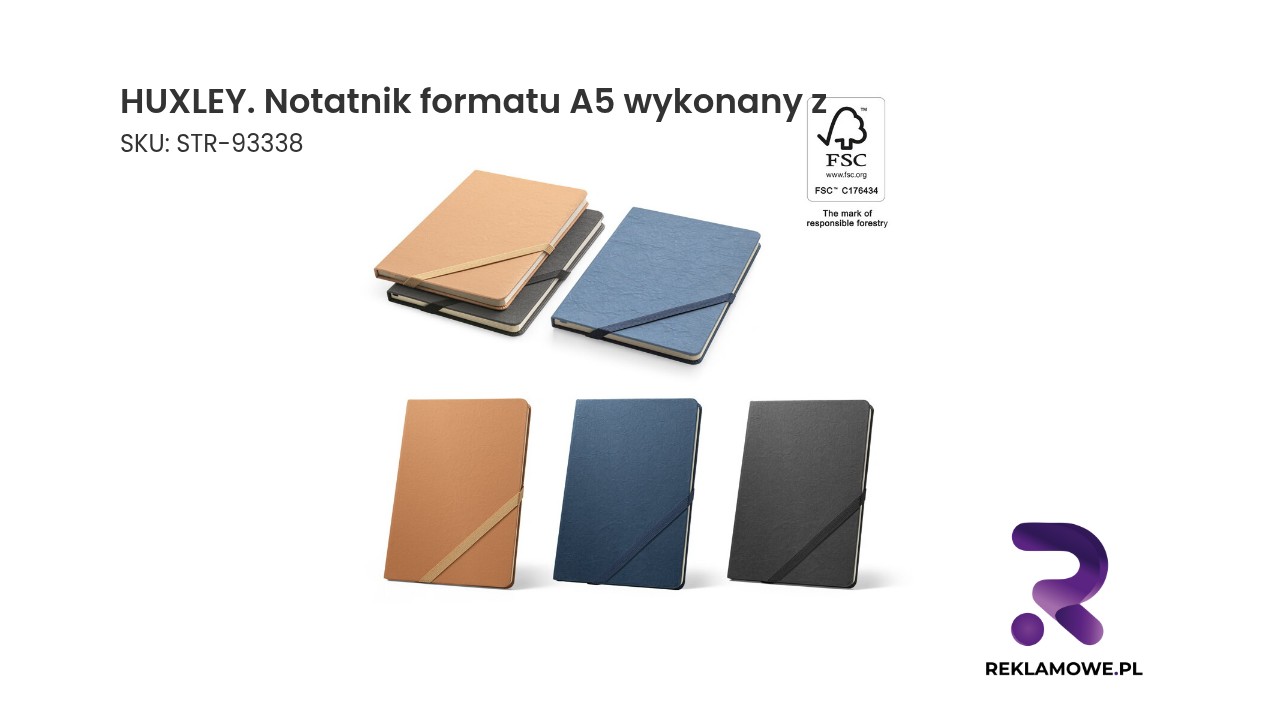 HUXLEY. Notatnik formatu A5, wykonany z papieru wodoodpornego, z kartkami w linie, wykonany z materiału z certyfikatem FSC™ i innych materiałów kontrolowanych Notatnik HUXLEY w formacie A5